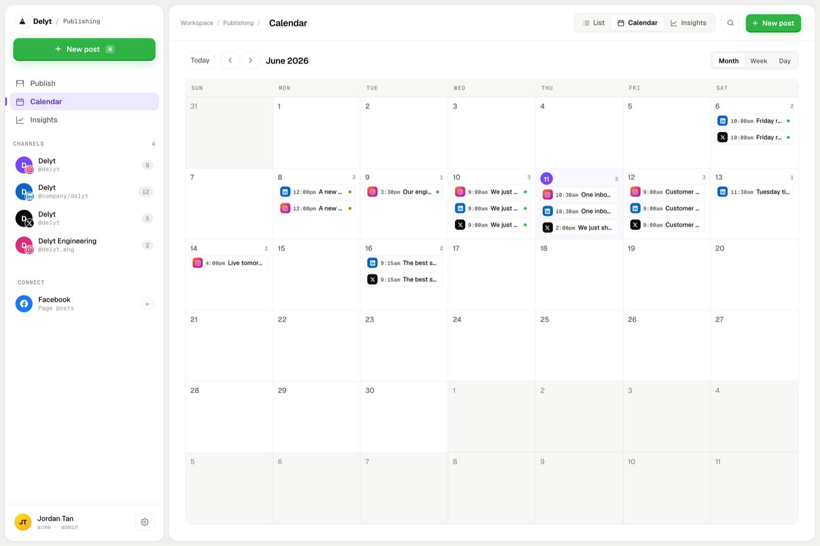 Delyt's social publishing calendar with scheduled posts across Instagram, Facebook, X, LinkedIn, and Threads